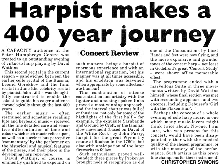 "Harpist Makes a 400 Year Journey"